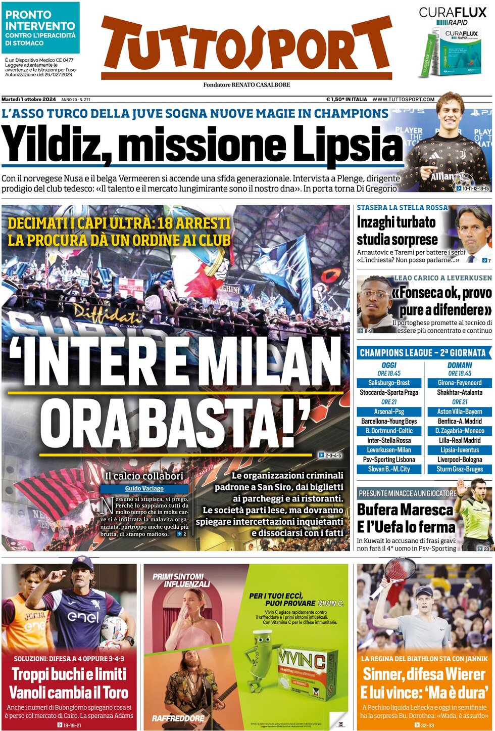 Prima Pagina Tuttosport 01/10/2024