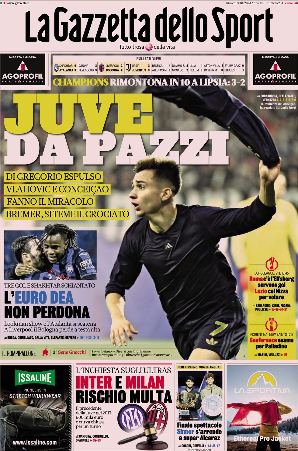 Prima Pagina La Gazzetta dello Sport 03/10/2024