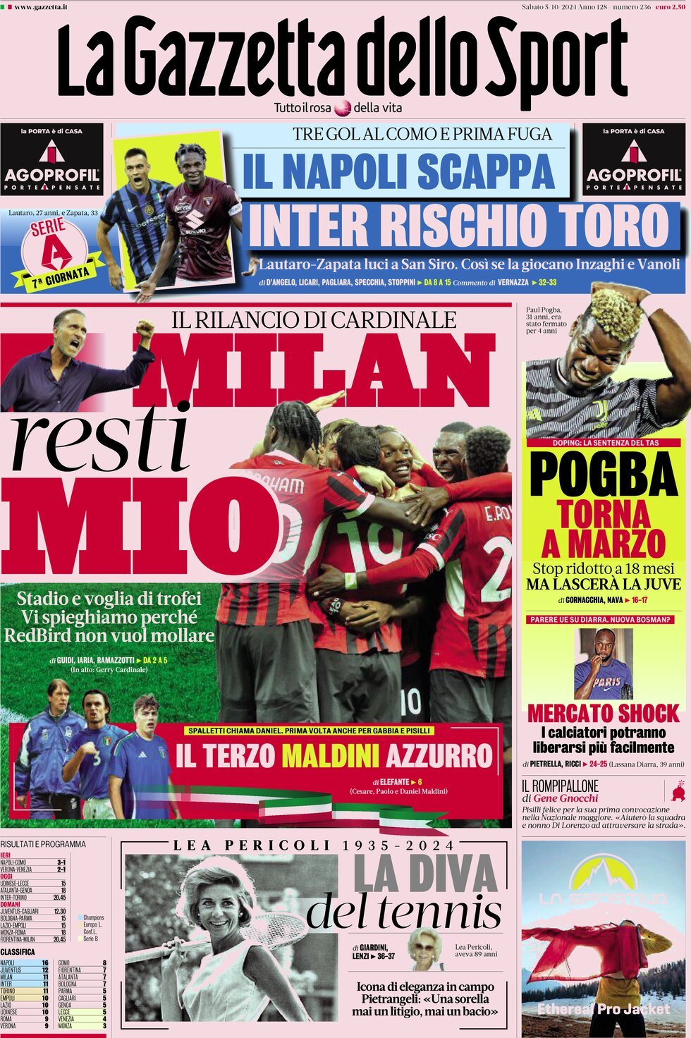 Prima Pagina La Gazzetta dello Sport 05/10/2024