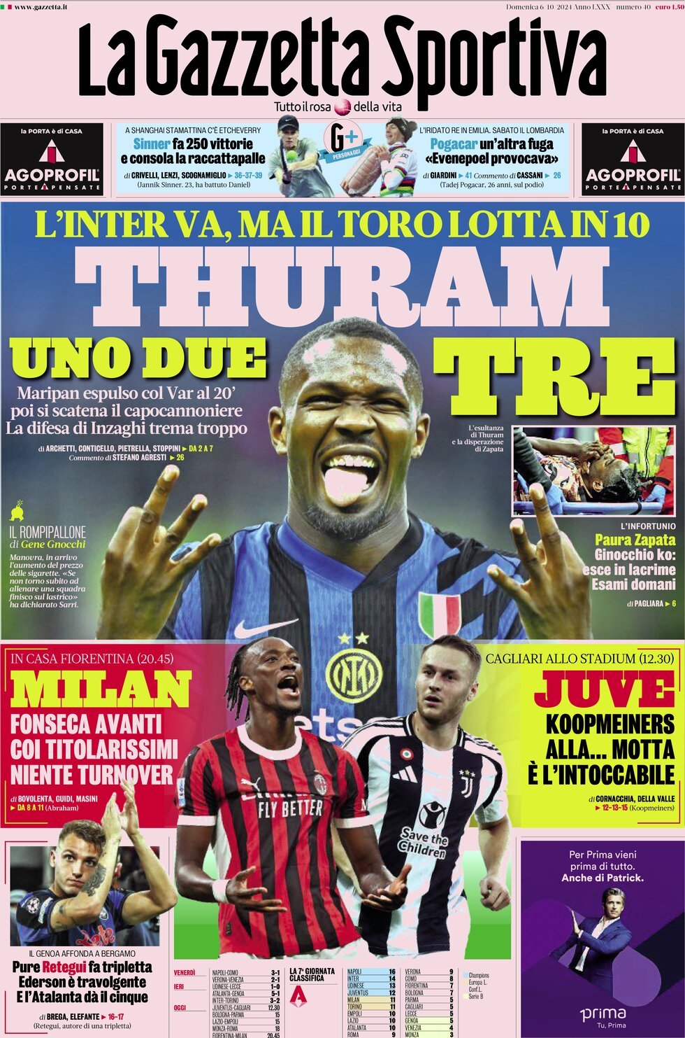 Prima Pagina La Gazzetta dello Sport 06/10/2024