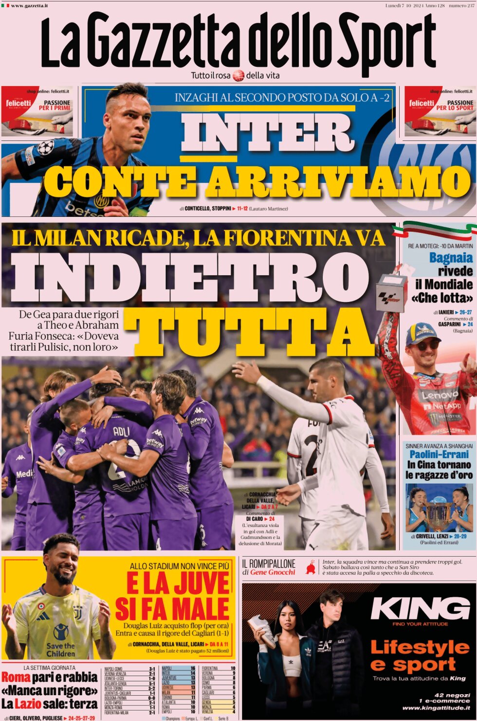 Prima Pagina La Gazzetta dello Sport 07/10/2024