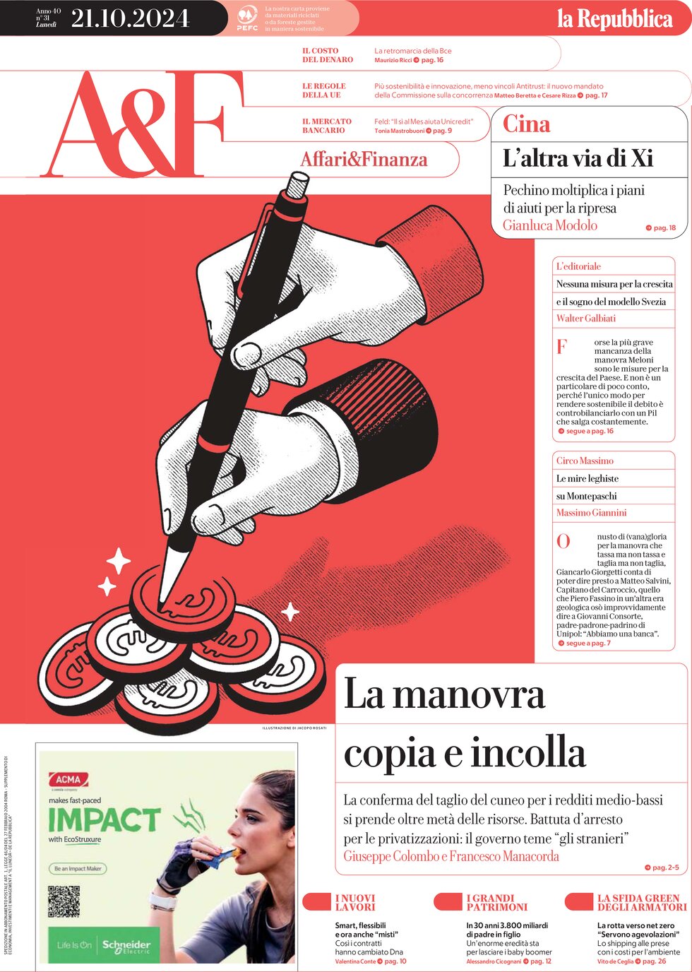 Copertina Affari & Finanza (la Repubblica) 21/10/2024