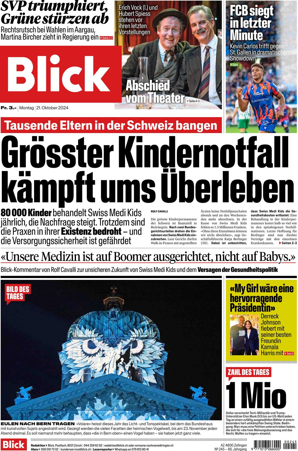 Prima Pagina Blick 21/10/2024