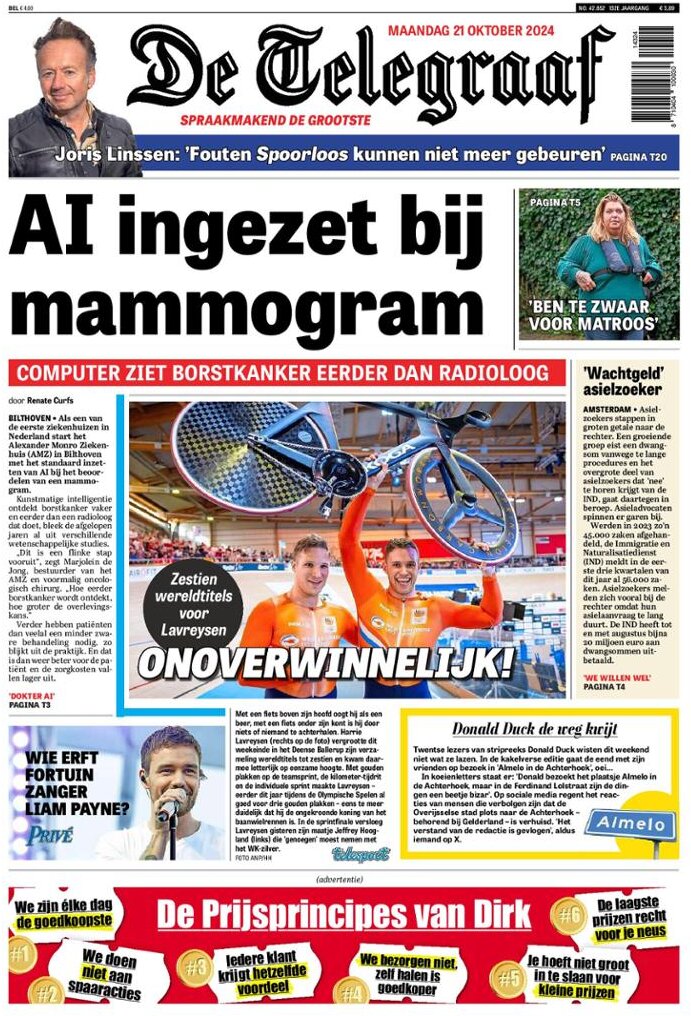 Prima Pagina De Telegraaf 21/10/2024