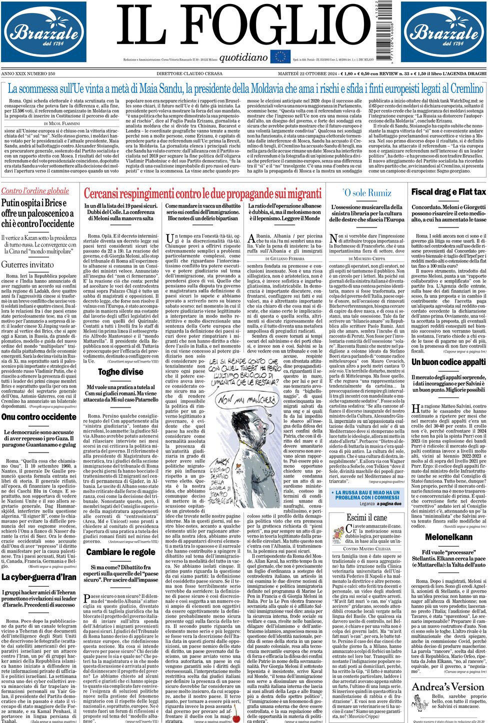 Prima Pagina Il Foglio 22/10/2024