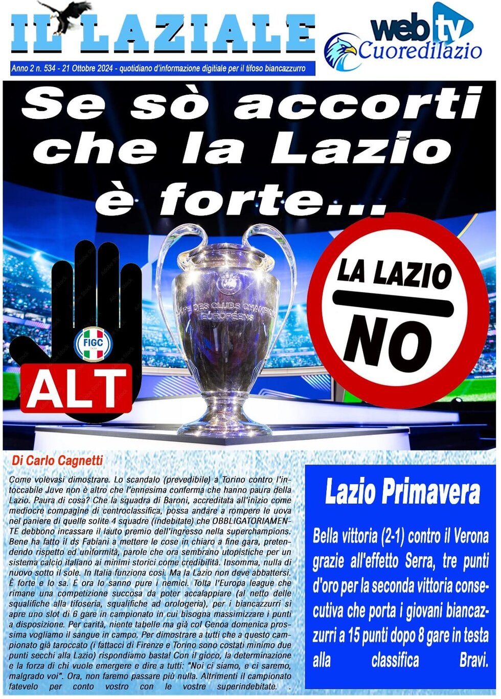 Prima Pagina Il Laziale 21/10/2024