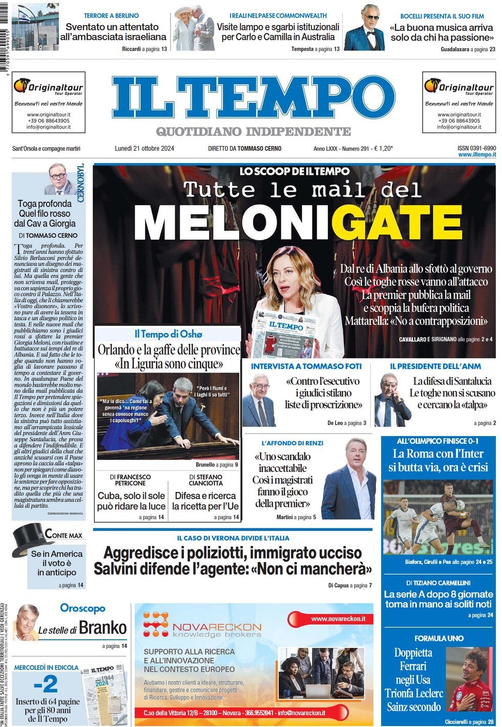 Prima Pagina Il Tempo 21/10/2024