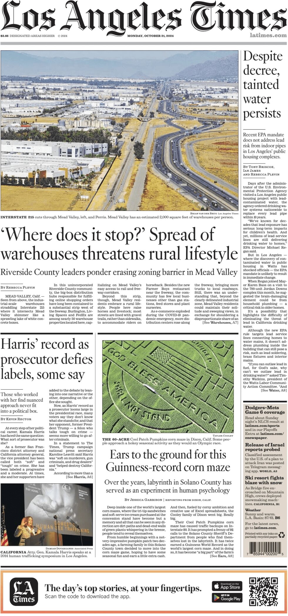 Prima Pagina Los Angeles Times 21/10/2024