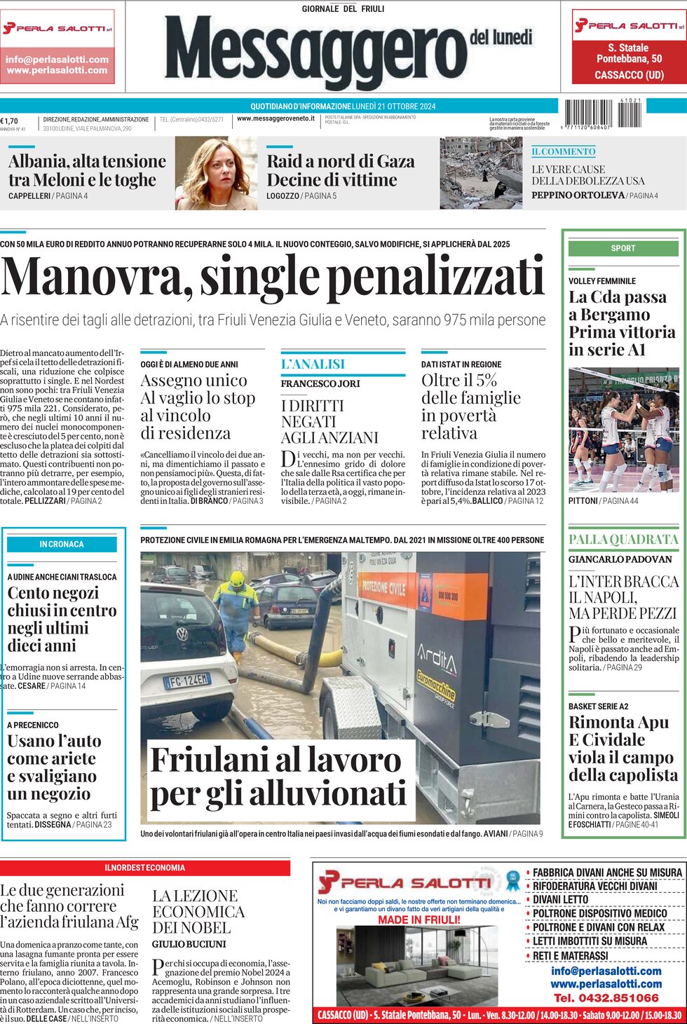 Prima Pagina Messaggero Veneto (Gorizia) 21/10/2024