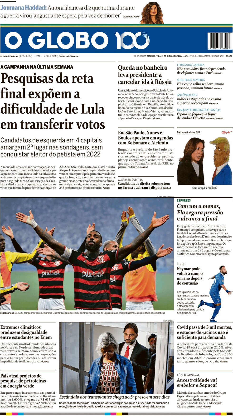 Prima Pagina O Globo 21/10/2024