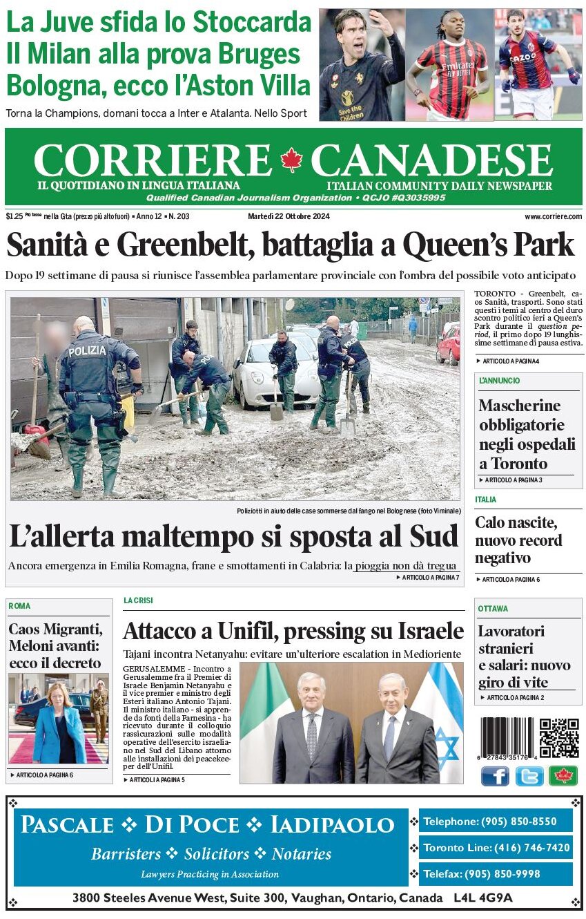 Prima Pagina Corriere Canadese 22/10/2024