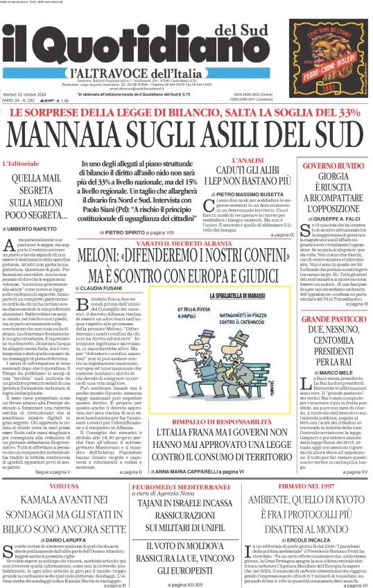 Prima Pagina Il Quotidiano del Sud L'Altravoce 22/10/2024