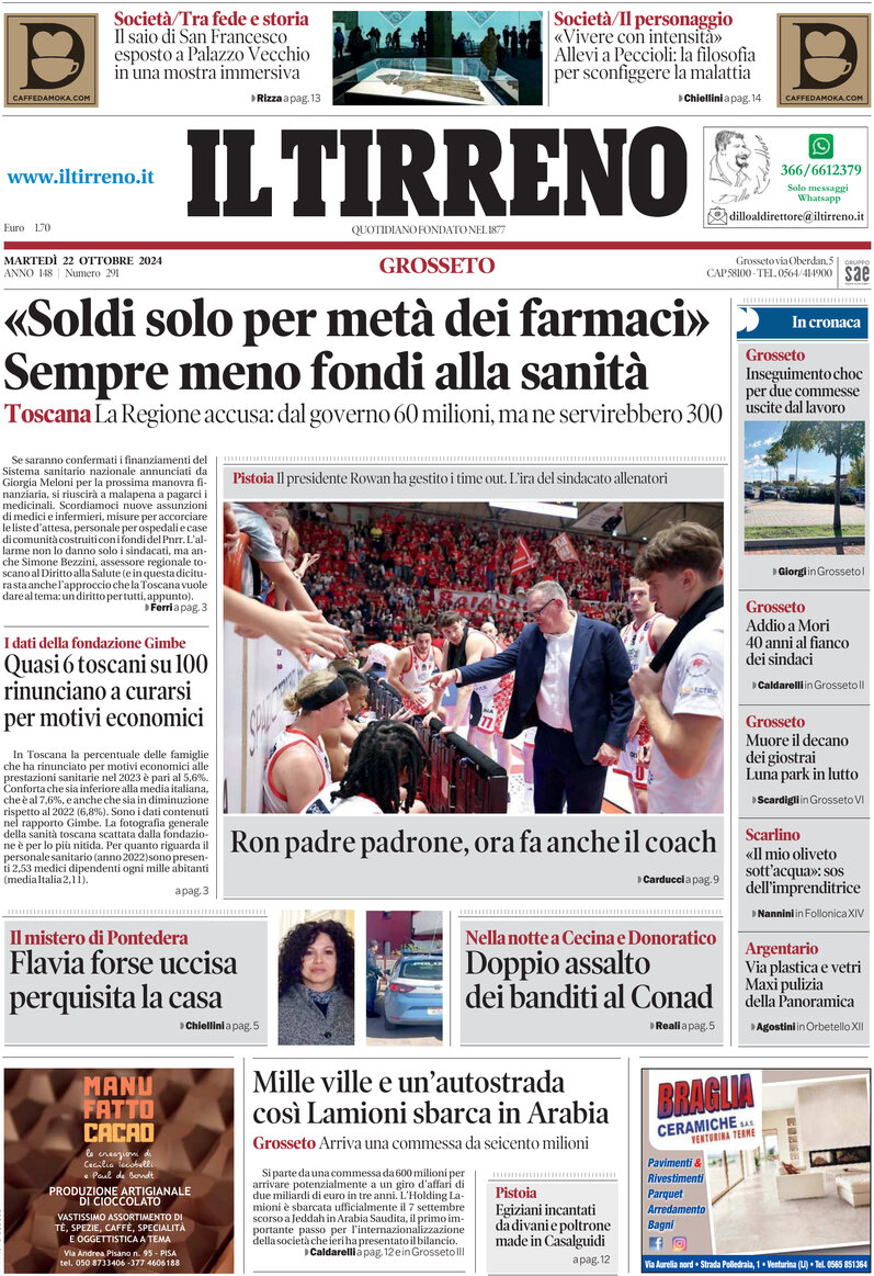 Prima Pagina Il Tirreno (Grosseto) 22/10/2024