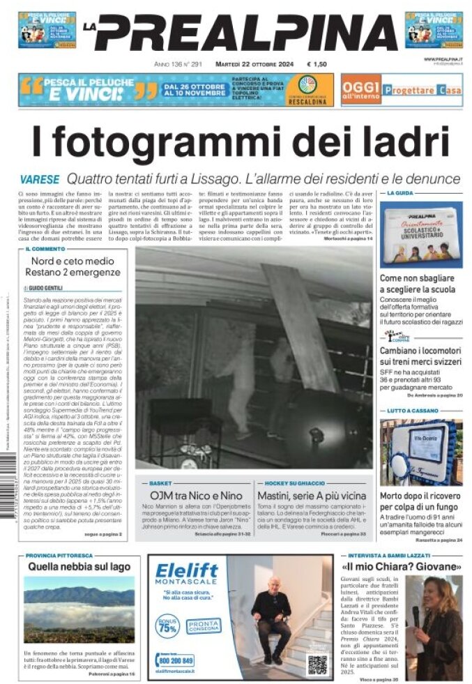 Prima Pagina La Prealpina 22/10/2024