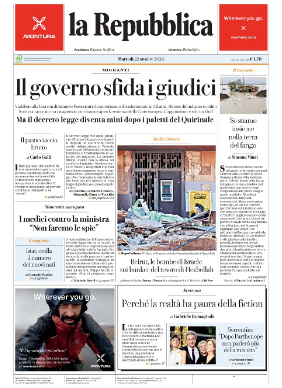 Prima Pagina La Repubblica 22/10/2024