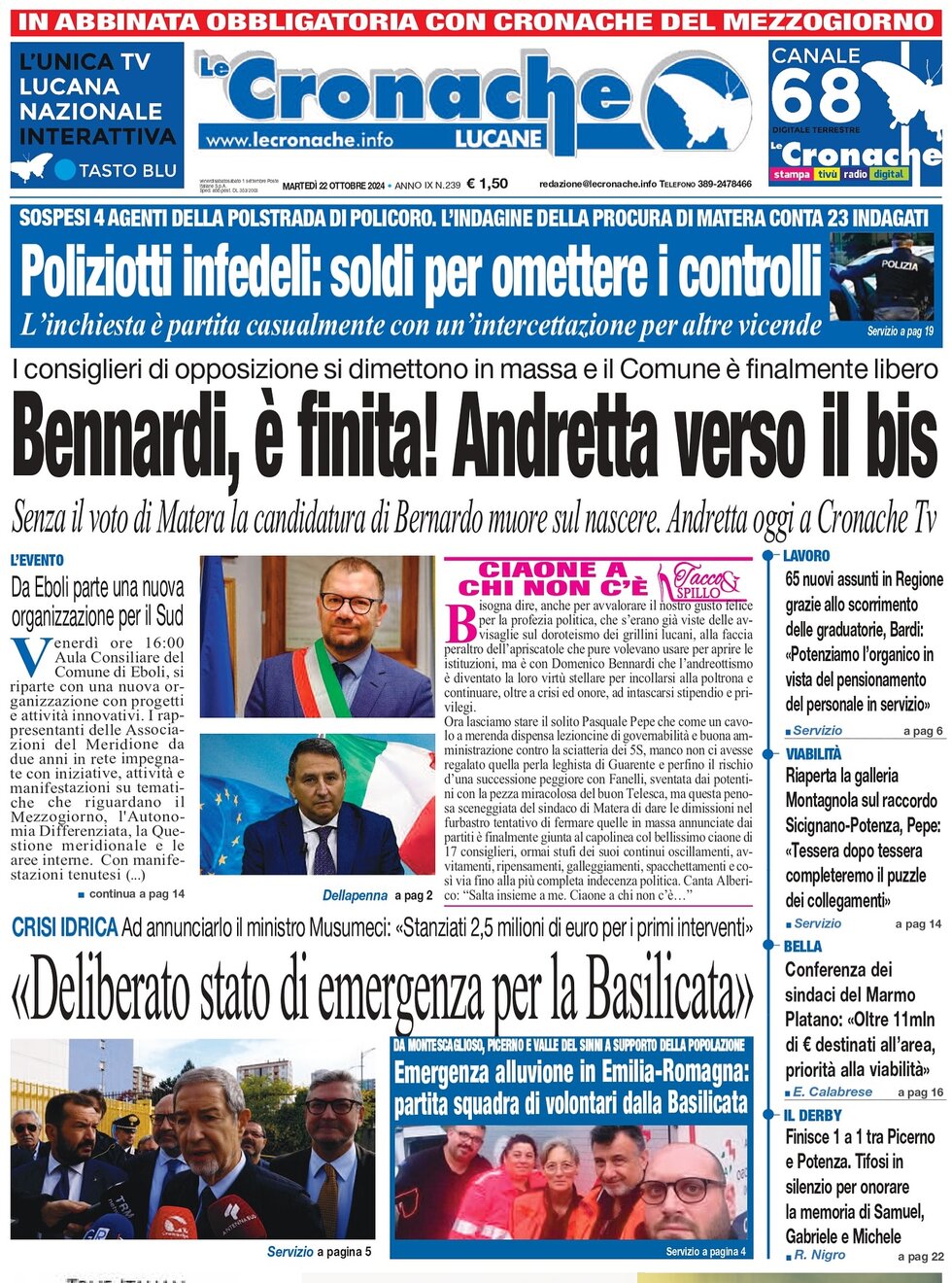 Prima Pagina Le Cronache Lucane 22/10/2024