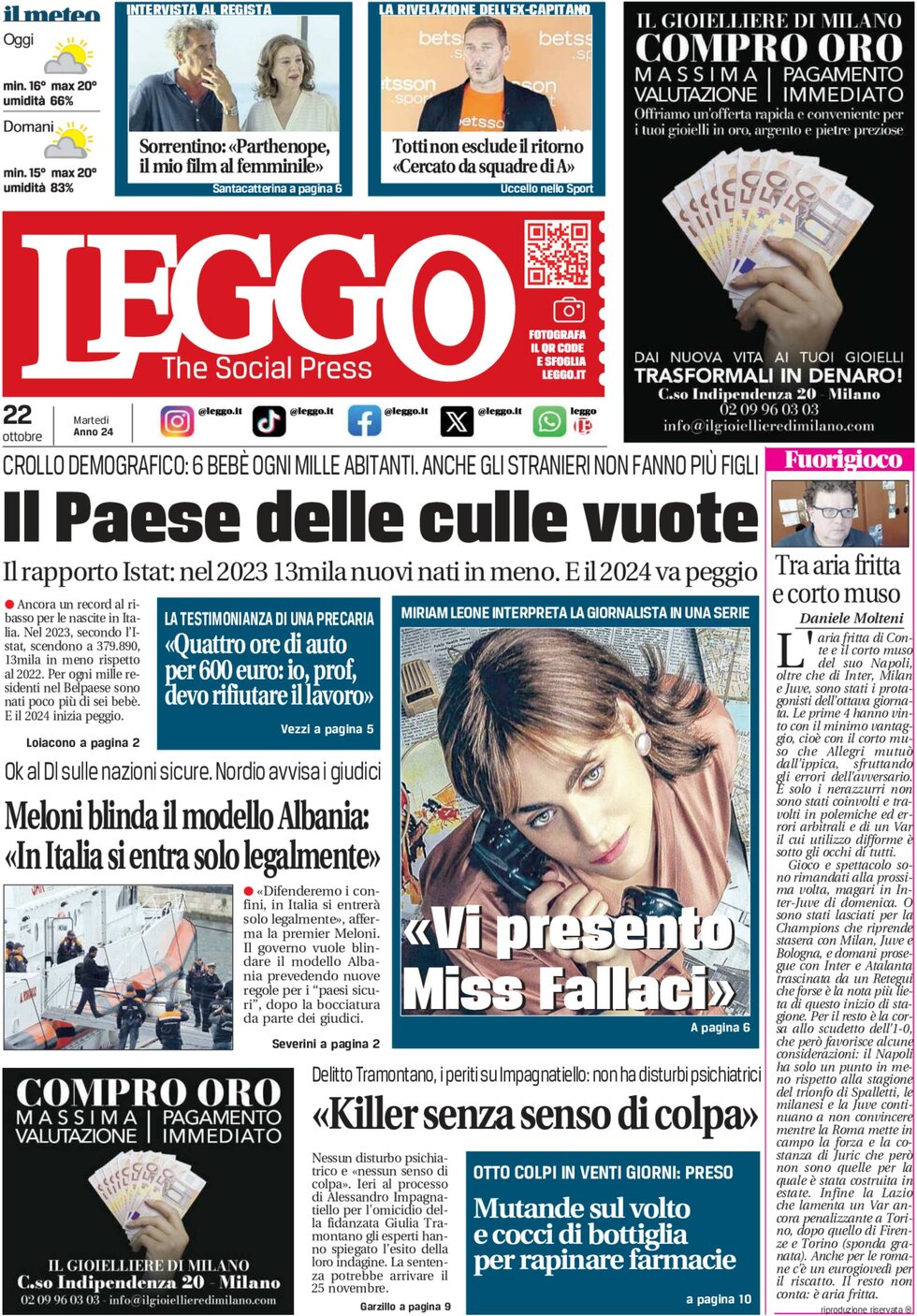 Prima Pagina Leggo (Milano) 22/10/2024