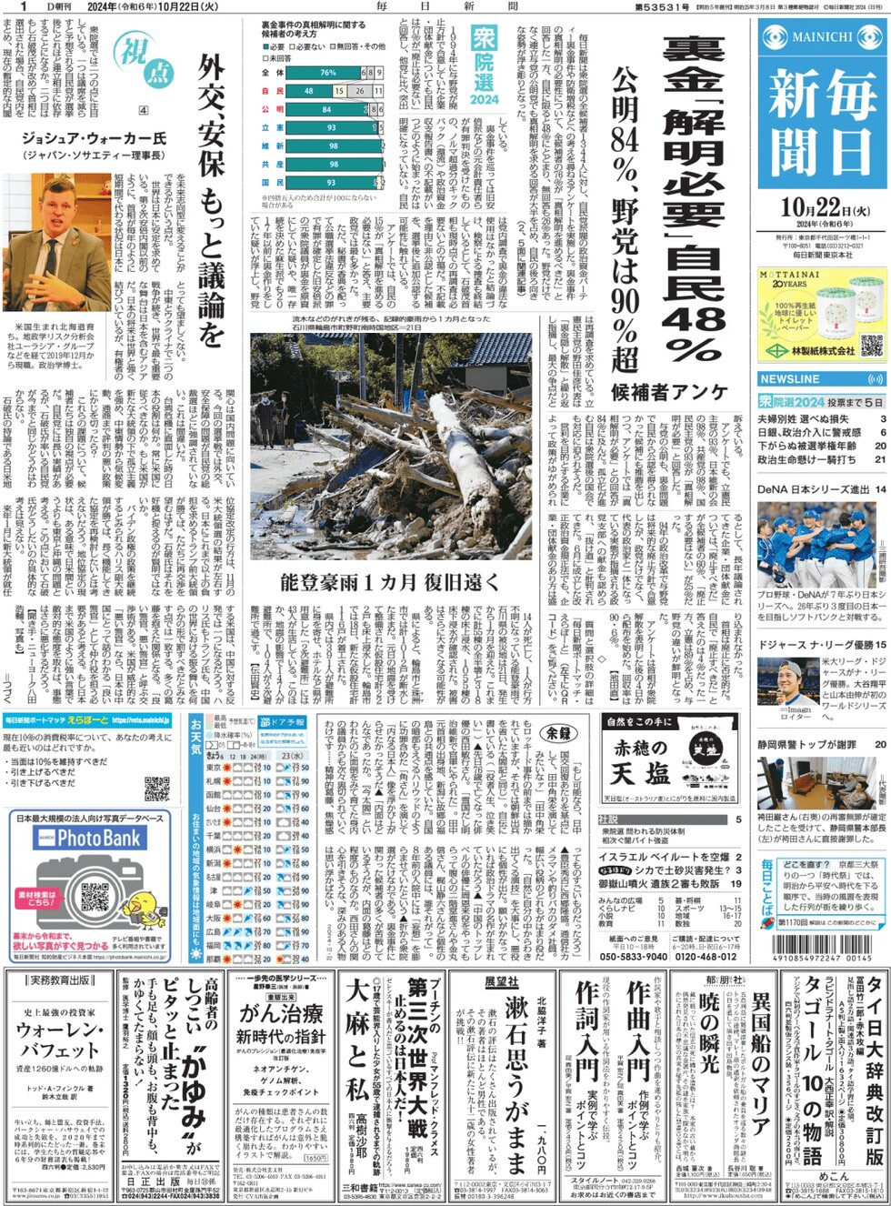 Prima Pagina Mainichi Shinbun 22/10/2024