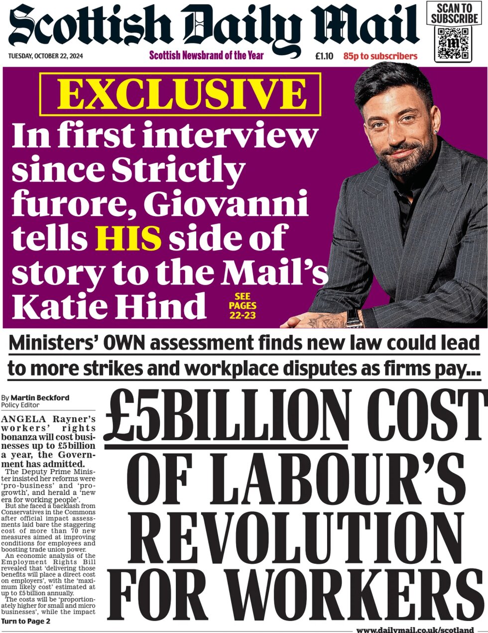 Prima Pagina Scottish Daily Mail 22/10/2024