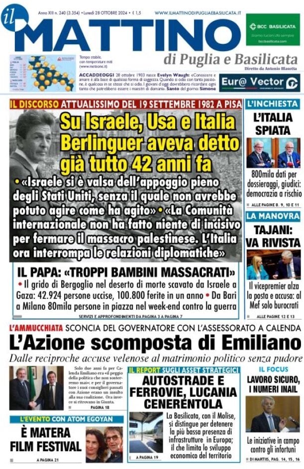 Prima Pagina Il Mattino di Puglia e Basilicata 28/10/2024