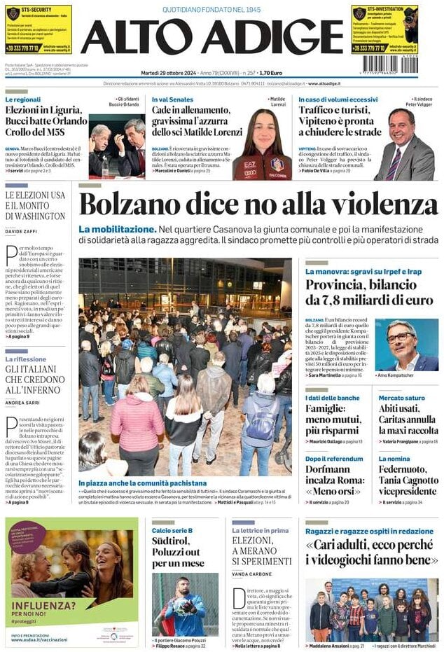 Prima Pagina Alto Adige 29/10/2024