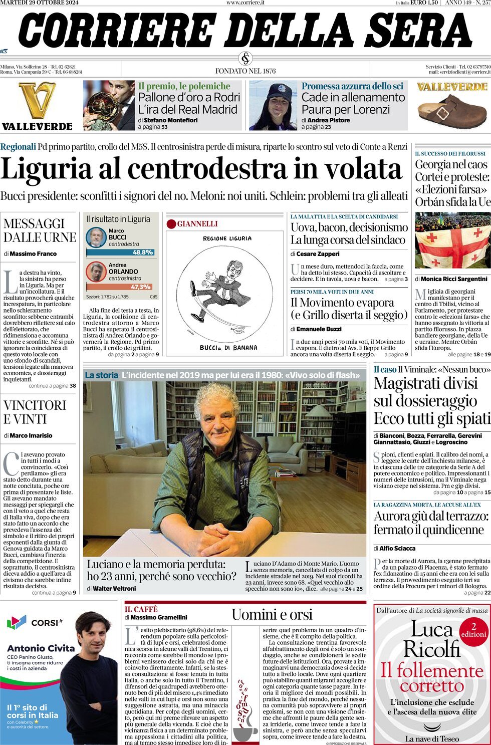 Prima Pagina Corriere della Sera 29/10/2024