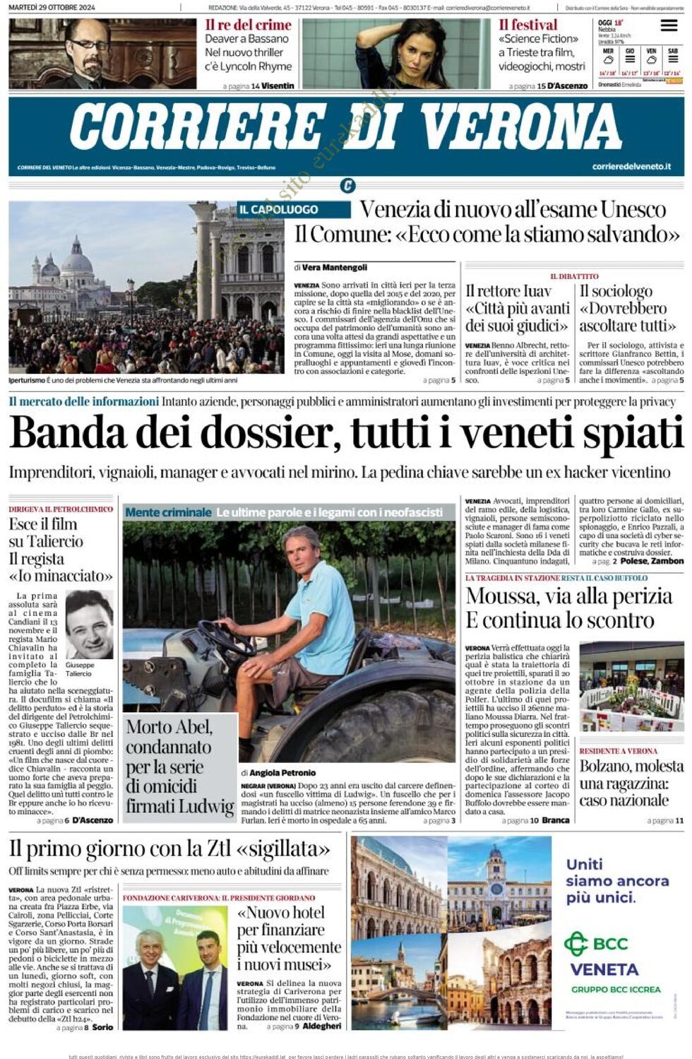 Prima Pagina Corriere di Verona 29/10/2024