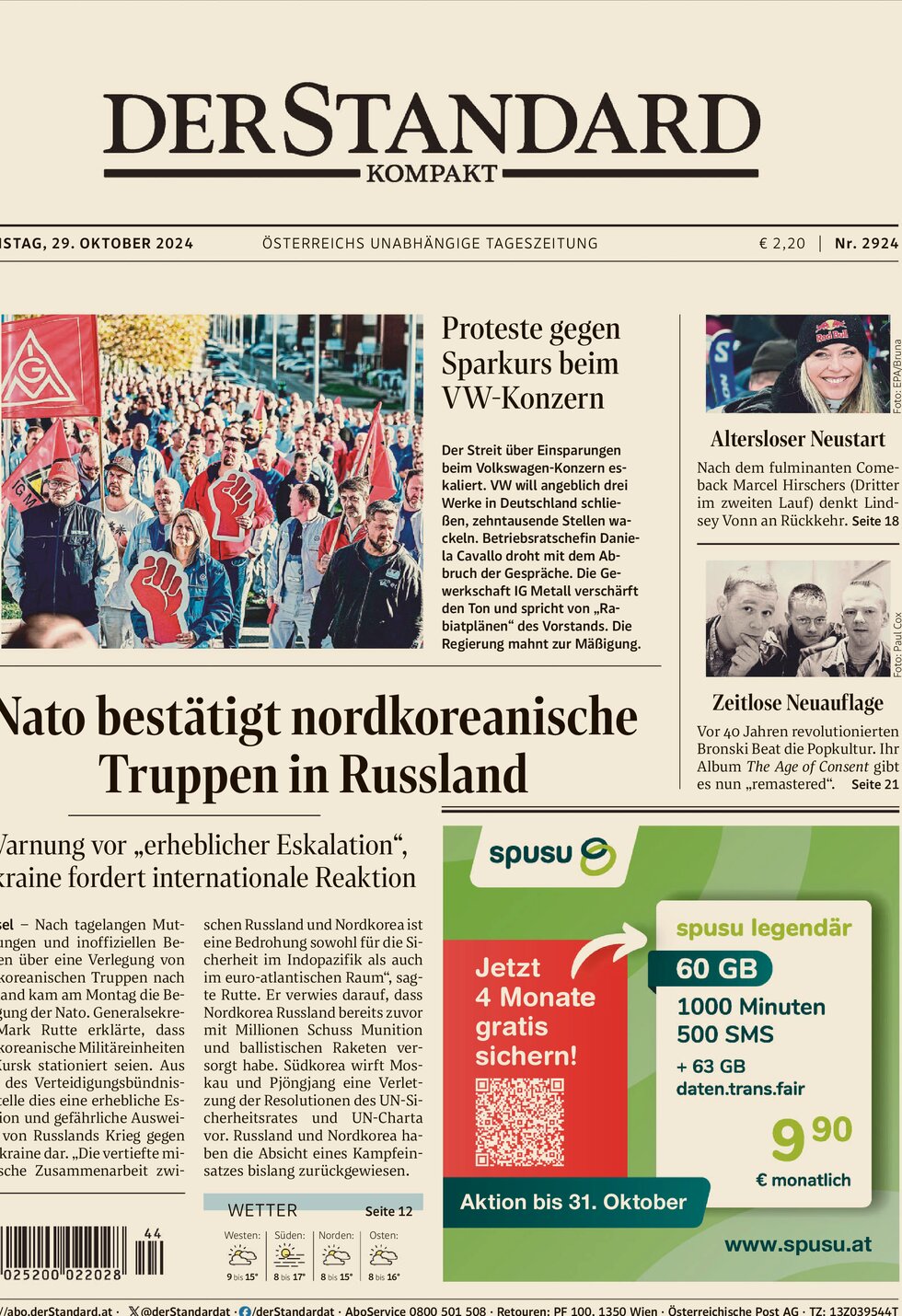 Prima Pagina Der Standard 29/10/2024