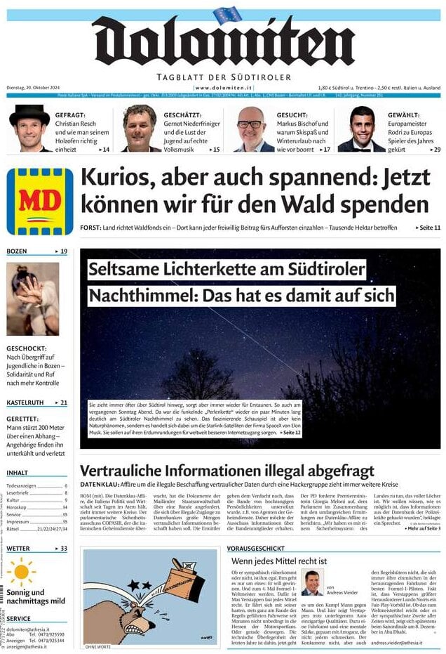 Prima Pagina Dolomiten 29/10/2024