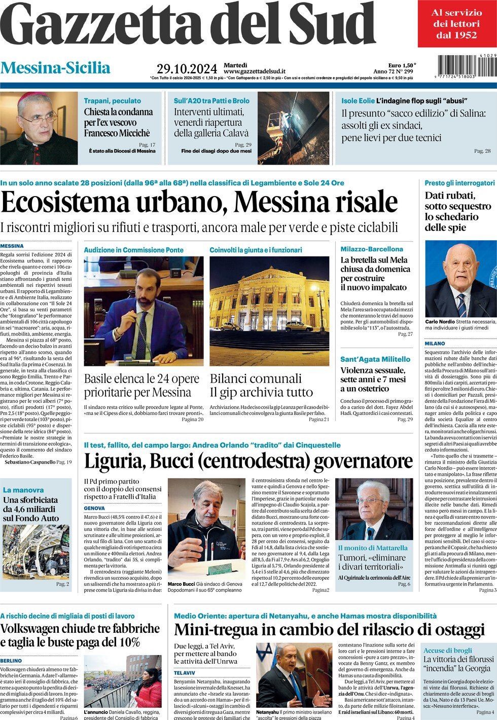 Prima Pagina Gazzetta del Sud (Messina) 29/10/2024