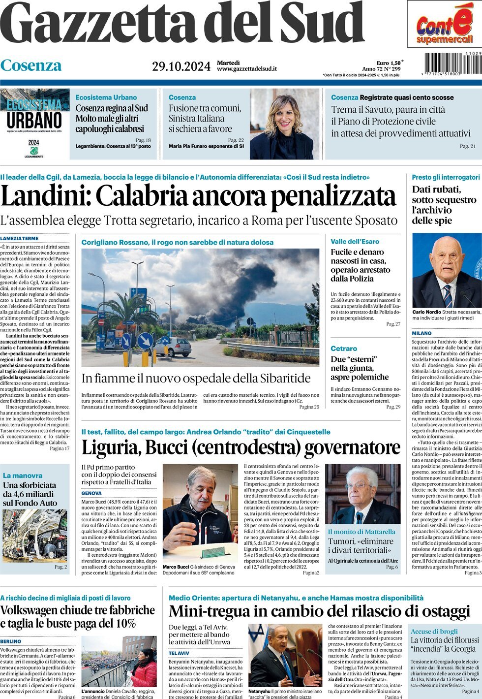 Prima Pagina Gazzetta del Sud (Cosenza) 29/10/2024