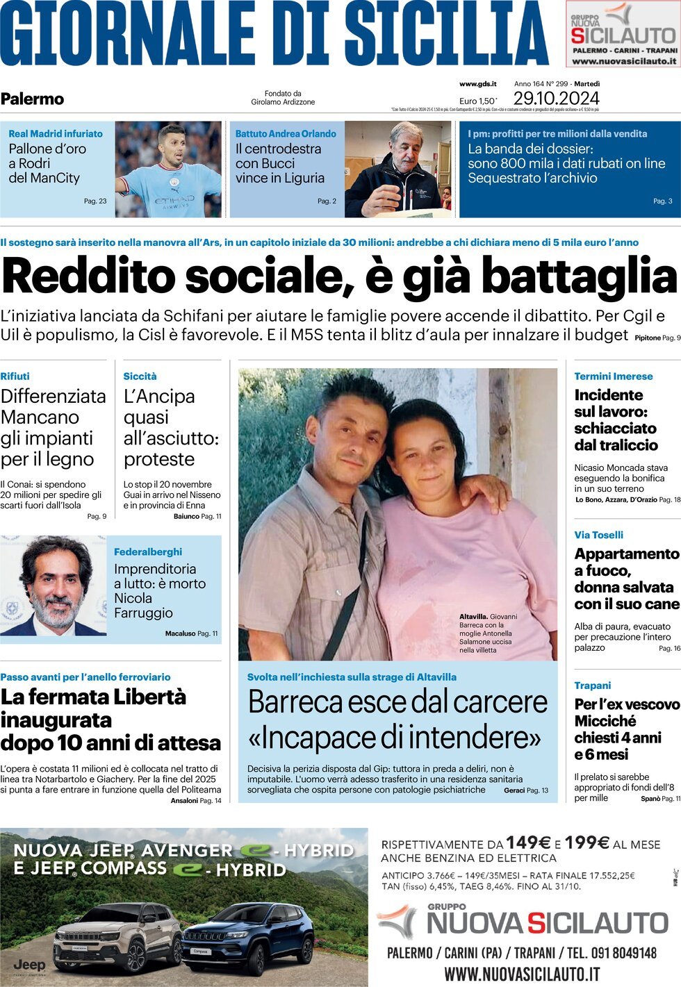 Prima Pagina Giornale di Sicilia (Palermo) 29/10/2024