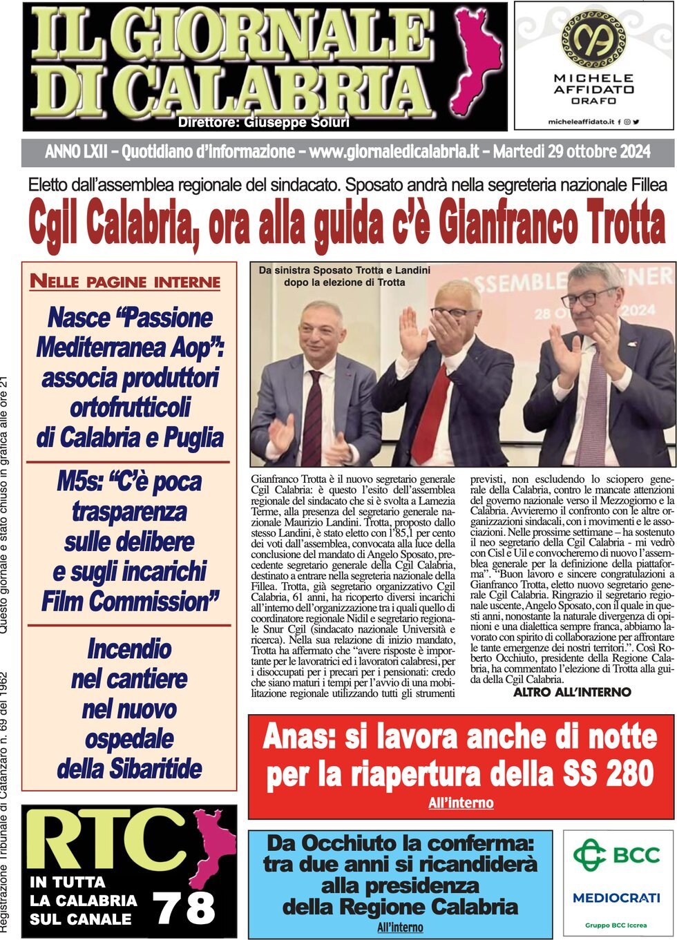 Prima Pagina Il Giornale di Calabria 29/10/2024