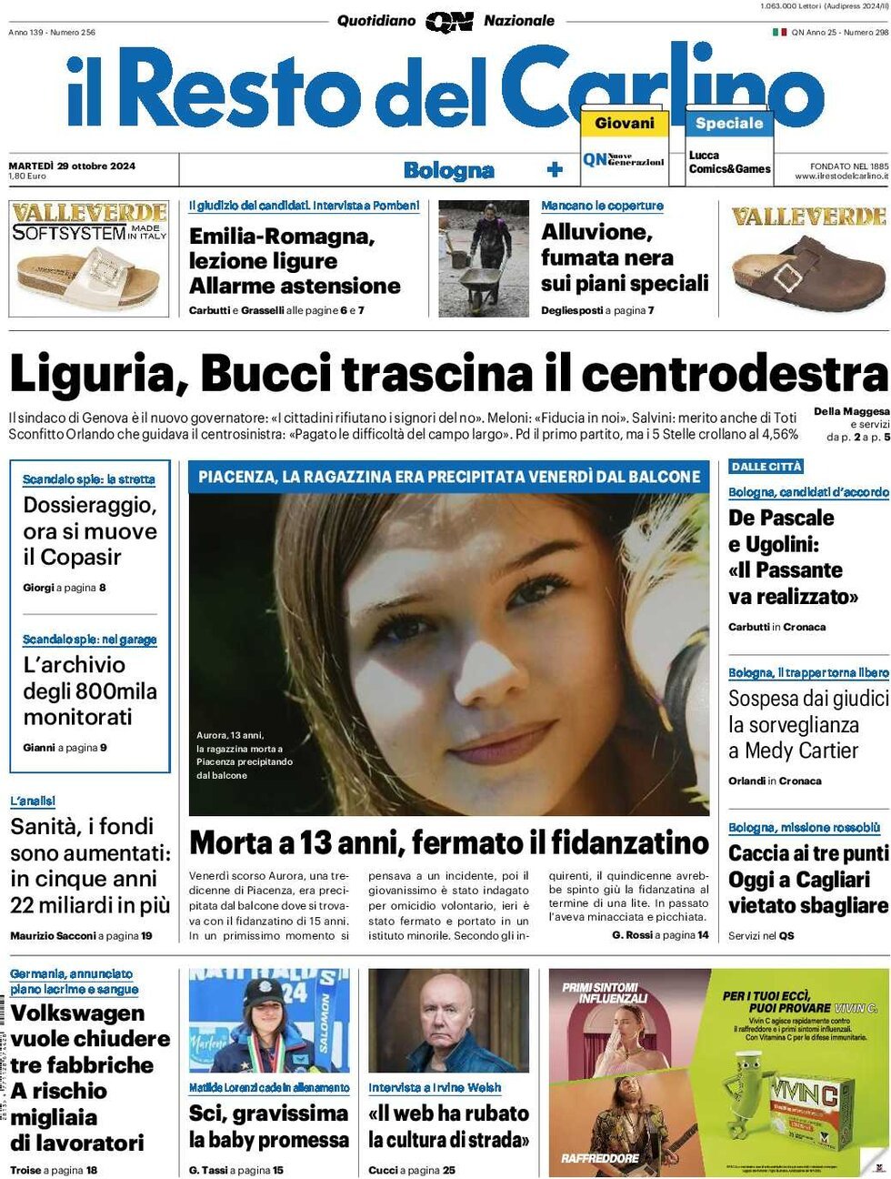 Prima Pagina Il Resto del Carlino 29/10/2024