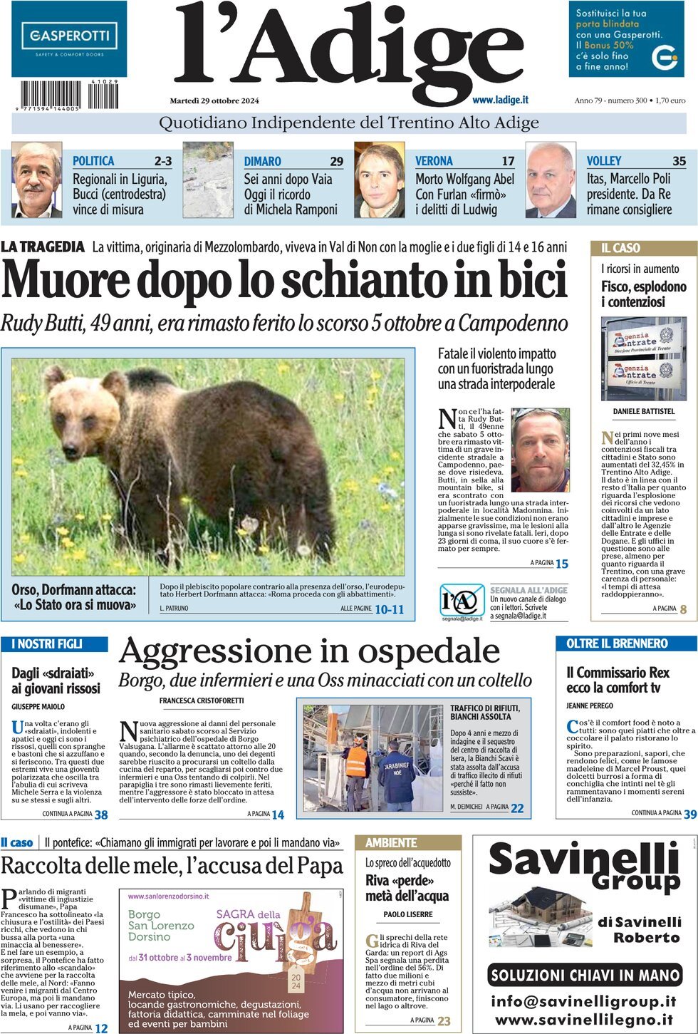 Prima Pagina L'Adige 29/10/2024