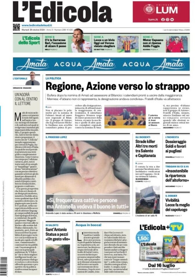 Prima Pagina L'Edicola del Sud (Bari, Foggia, Basilicata) 29/10/2024