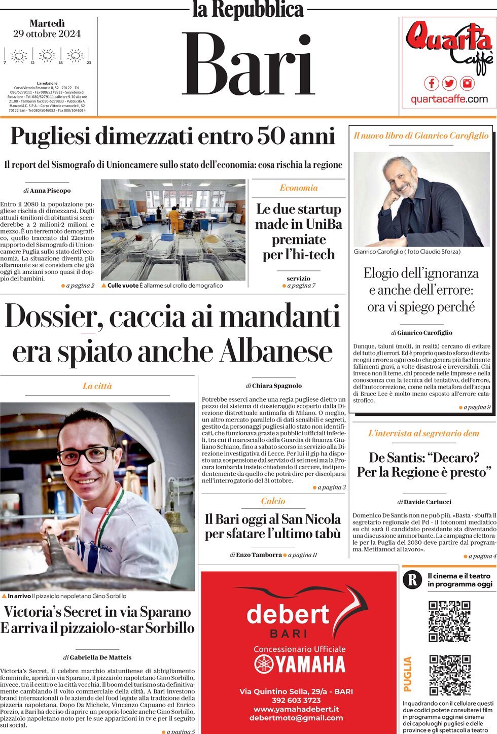 Prima Pagina La Repubblica (Bari) 29/10/2024