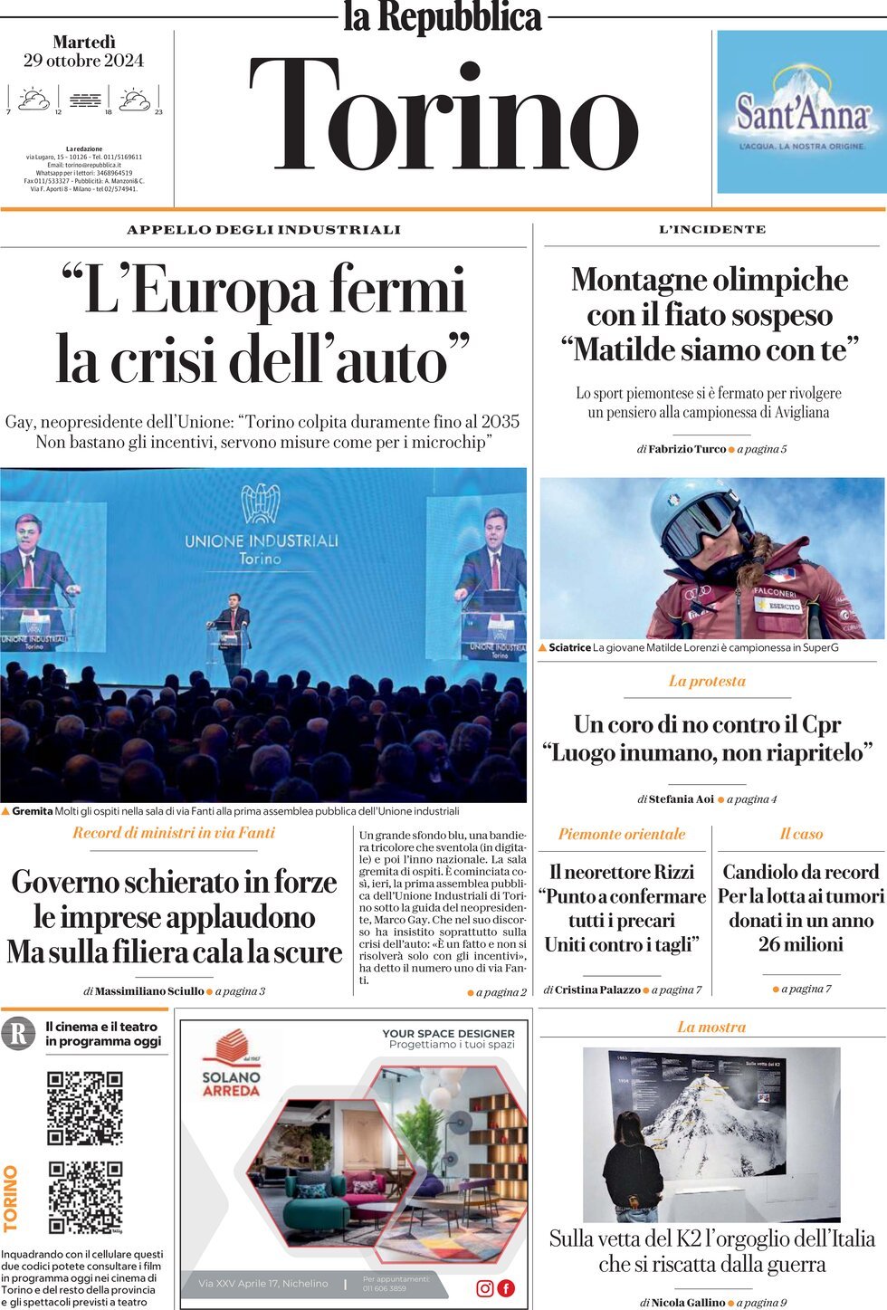 Prima Pagina La Repubblica (Torino) 29/10/2024