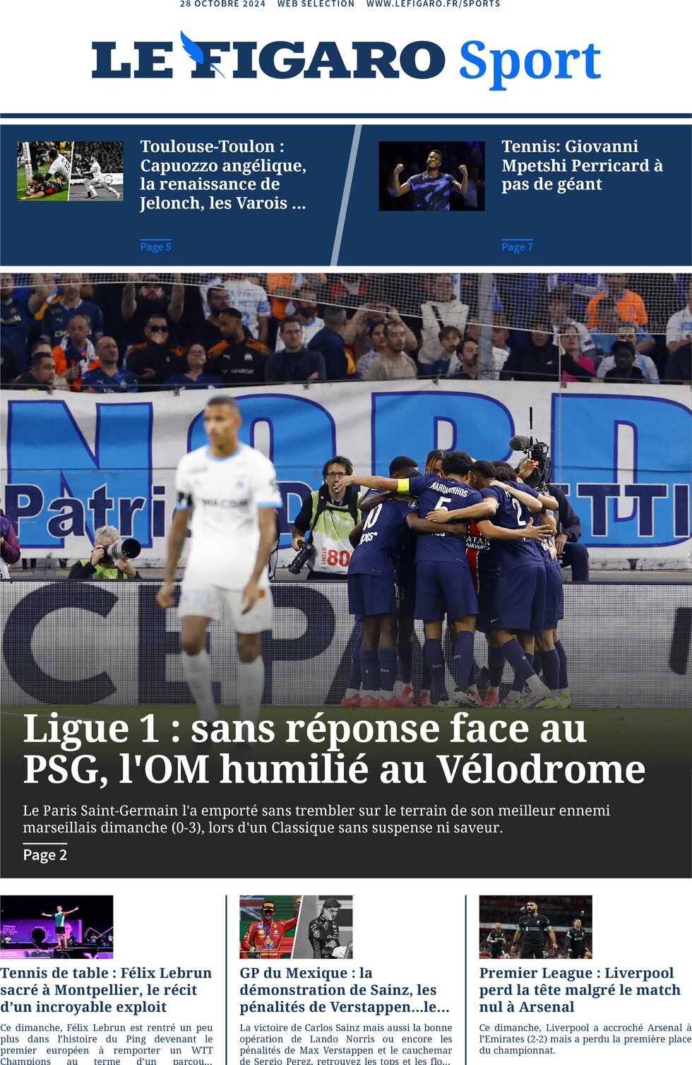 Prima Pagina Le Figaro SPORT 29/10/2024