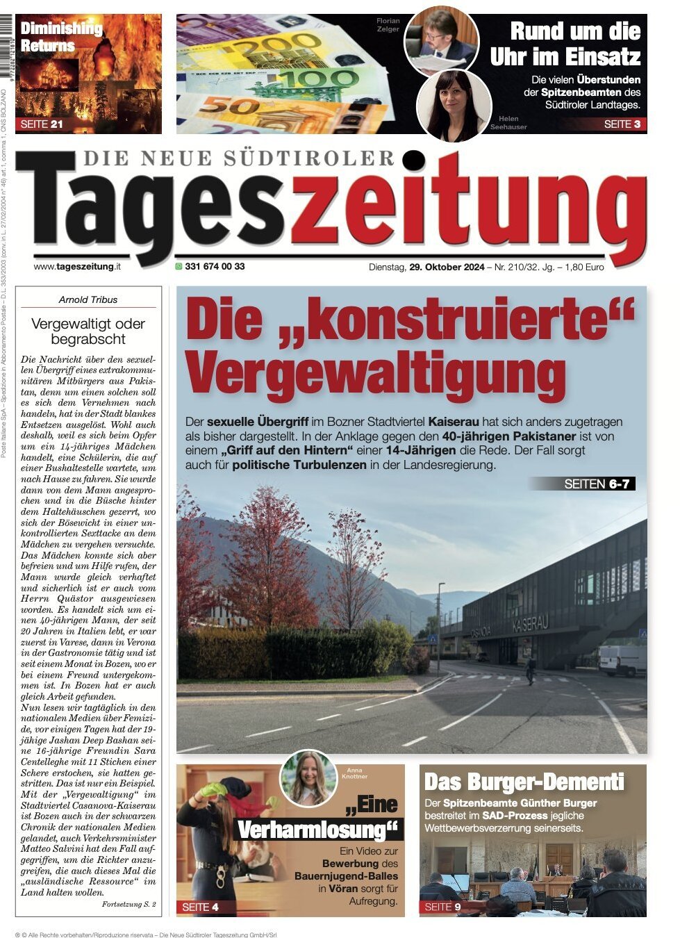 Prima Pagina Die Neue Südtiroler Tageszeitung 29/10/2024