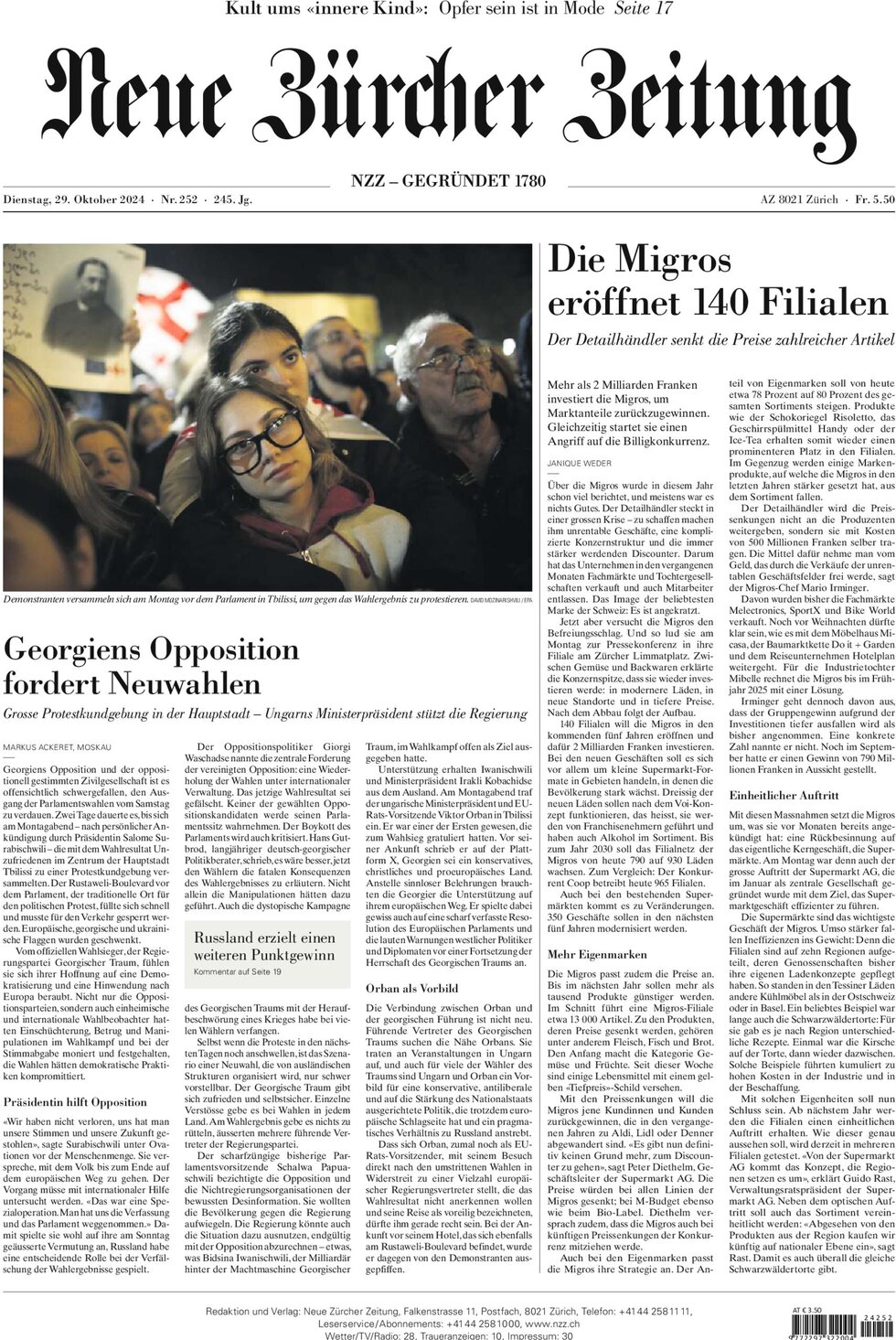 Prima Pagina NZZ (Neue Zürcher Zeitung) 29/10/2024