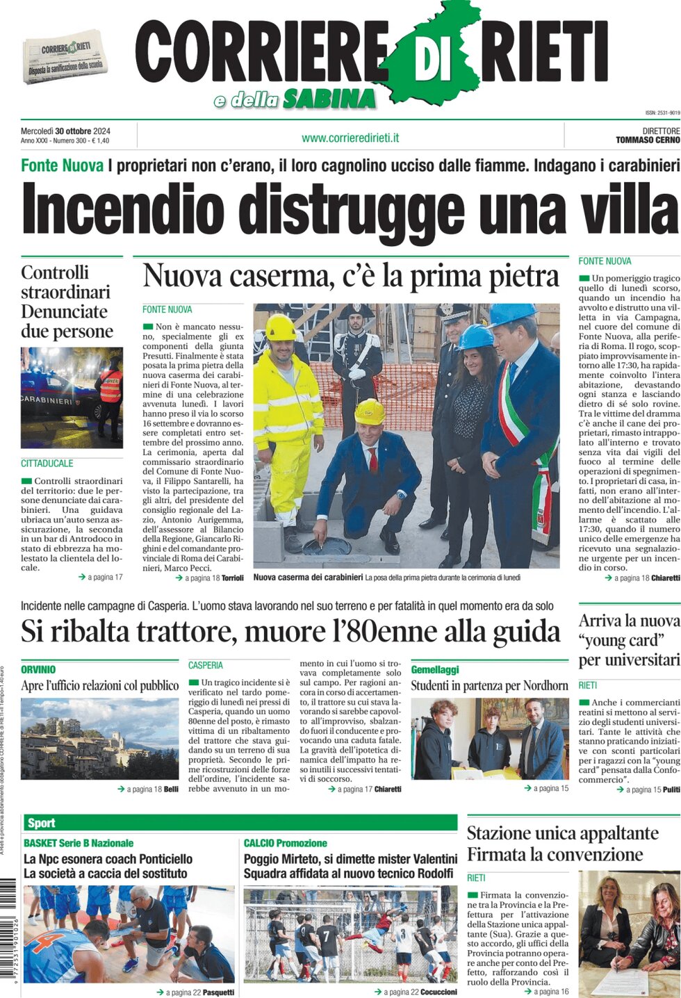 Prima Pagina Corriere di Rieti e della Sabina 30/10/2024