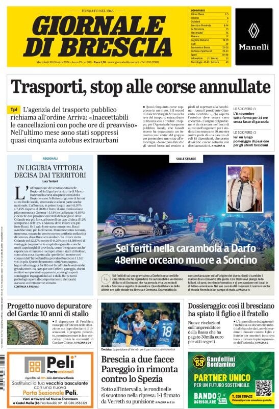 Prima Pagina Giornale di Brescia 30/10/2024