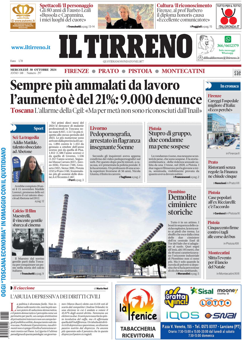 Prima Pagina Il Tirreno (Firenze, Prato, Pistoia, Montecatini) 30/10/2024