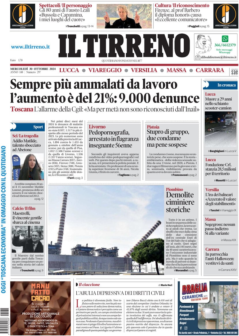 Prima Pagina Il Tirreno (Lucca, Viareggio, Versilia, Massa, Carrara) 30/10/2024