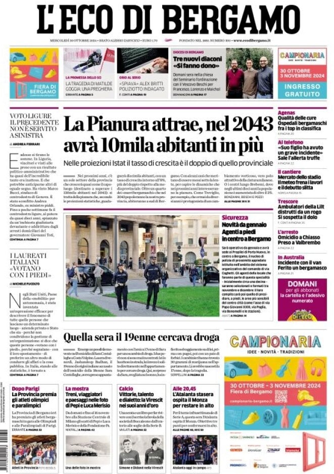 Prima Pagina L'Eco di Bergamo 30/10/2024