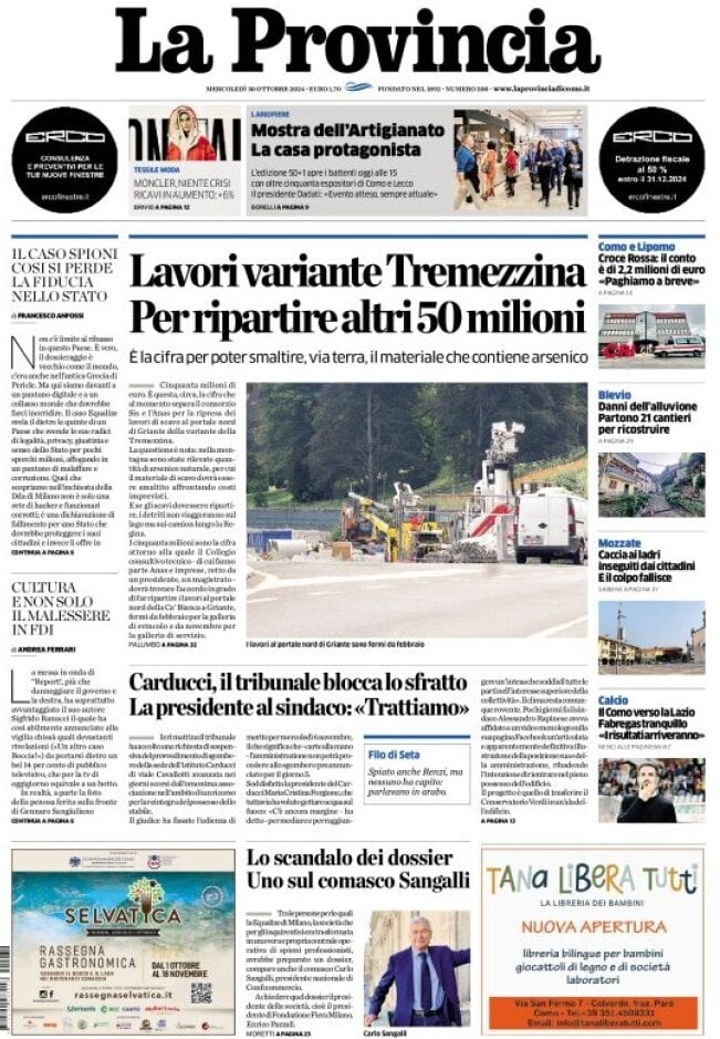 Prima Pagina La Provincia di Como 30/10/2024