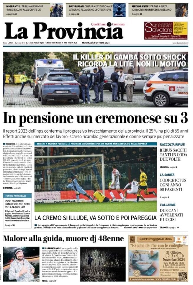 Prima Pagina La Provincia di Cremona 30/10/2024