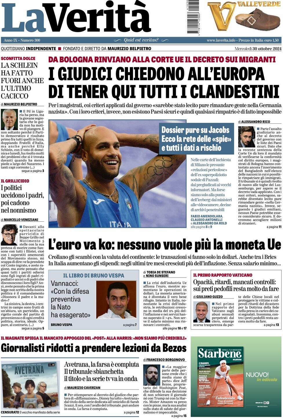 Prima Pagina La Verità 30/10/2024