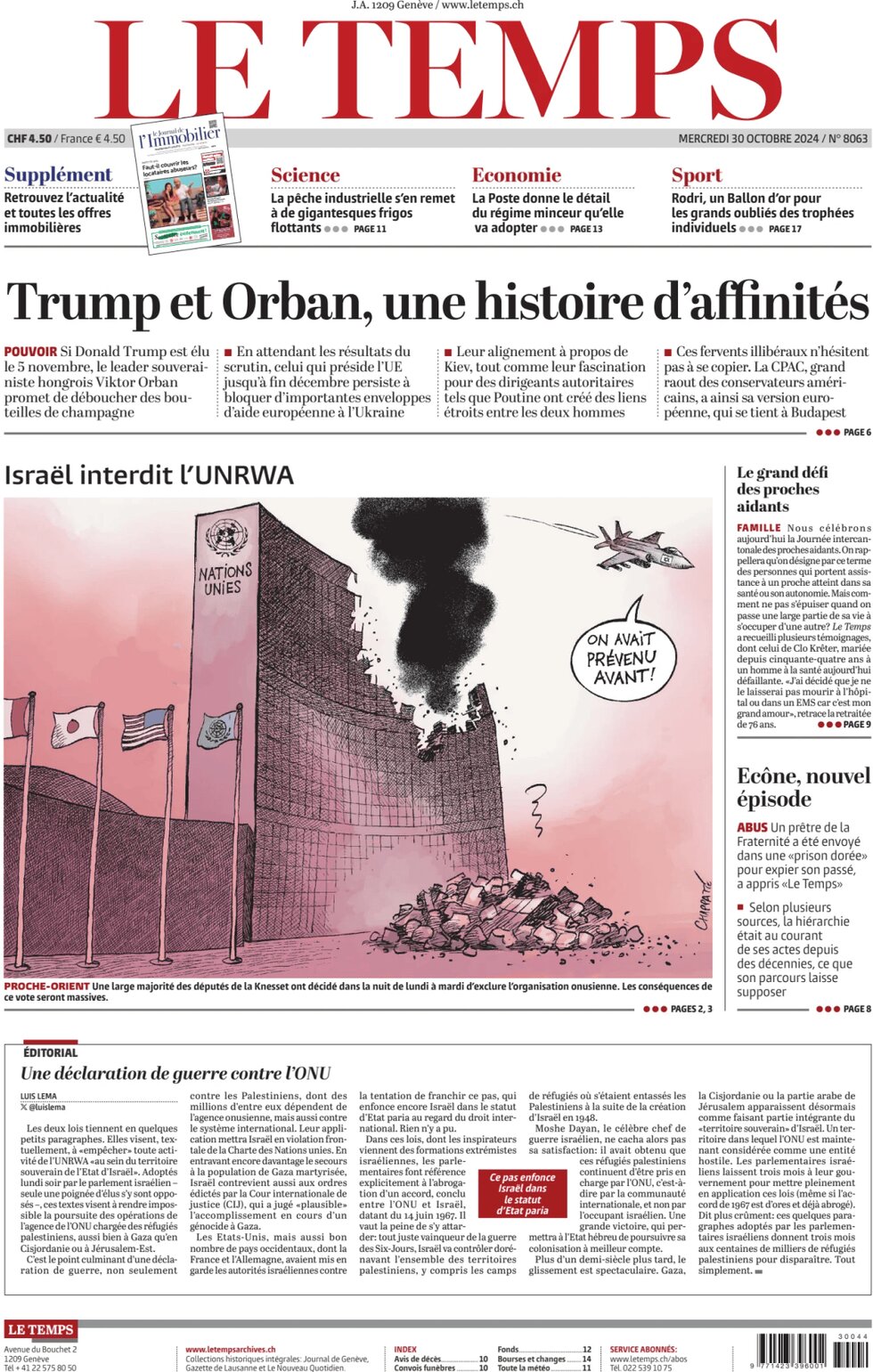 Prima Pagina Le Temps 30/10/2024